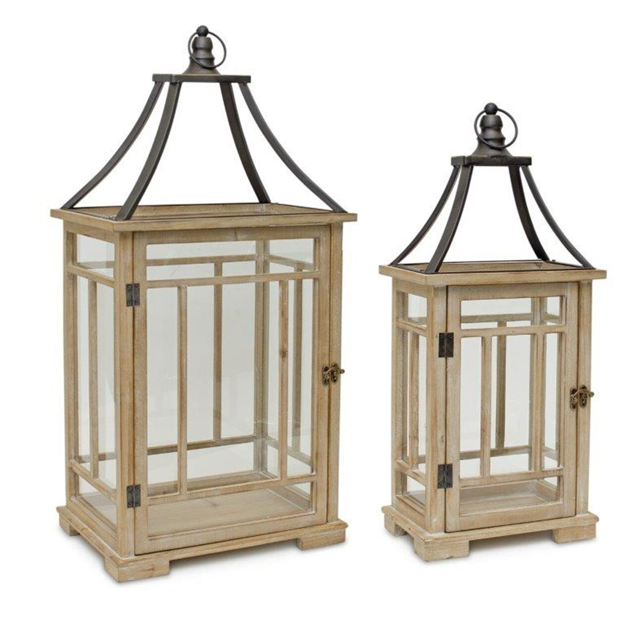 Melrose Wooden Candle Lanterns - 31" - Brown and Black - Set of 2